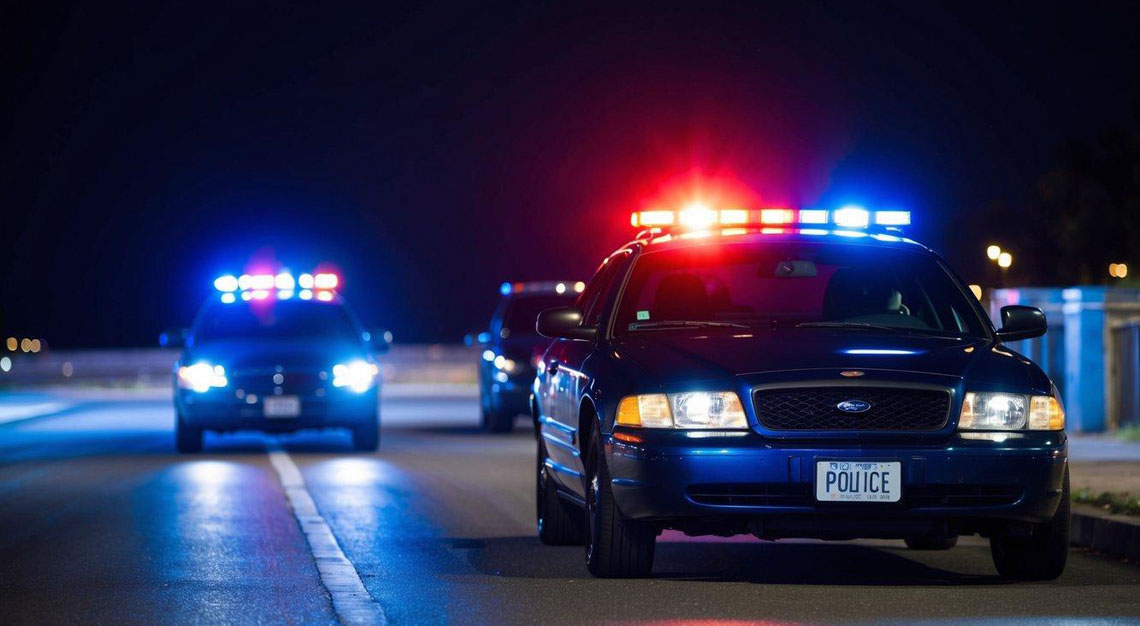 A car pulled over by police at night with flashing lights