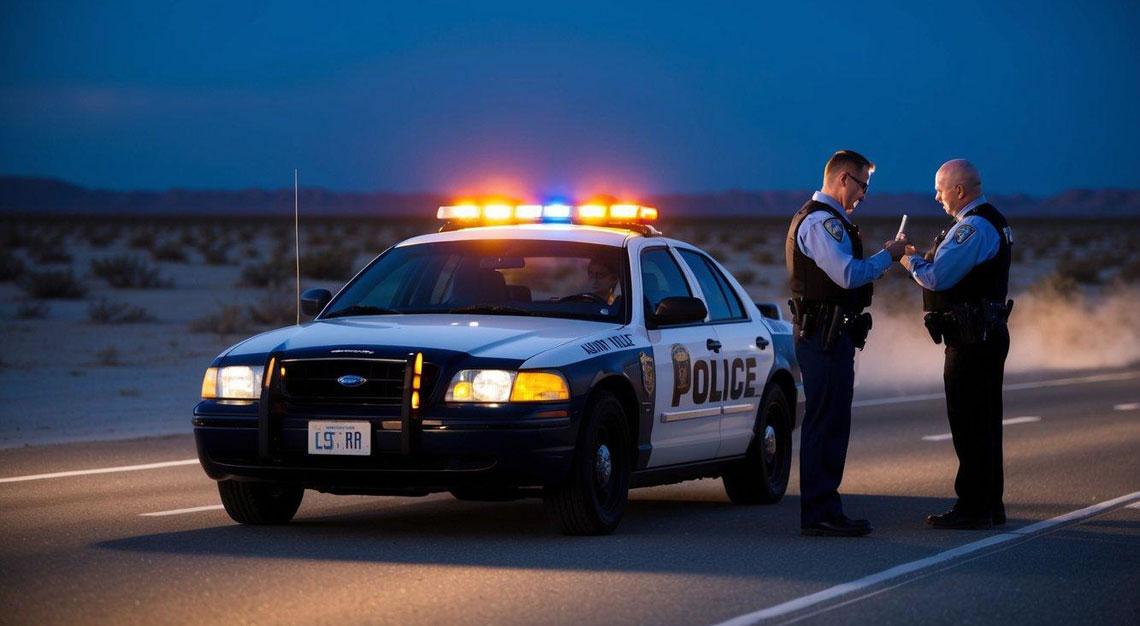 Police car with flashing lights pulls over vehicle on desert highway at night. Officer conducts field sobriety test on driver