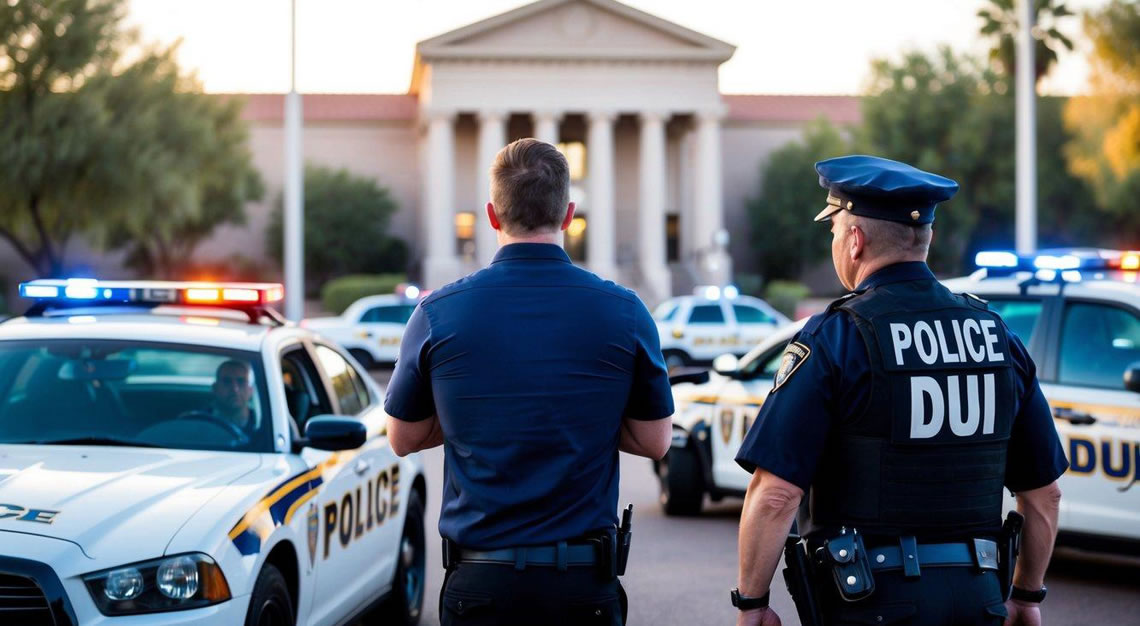 A person being arrested for a second DUI offense in Arizona, with police cars and a courthouse in the background