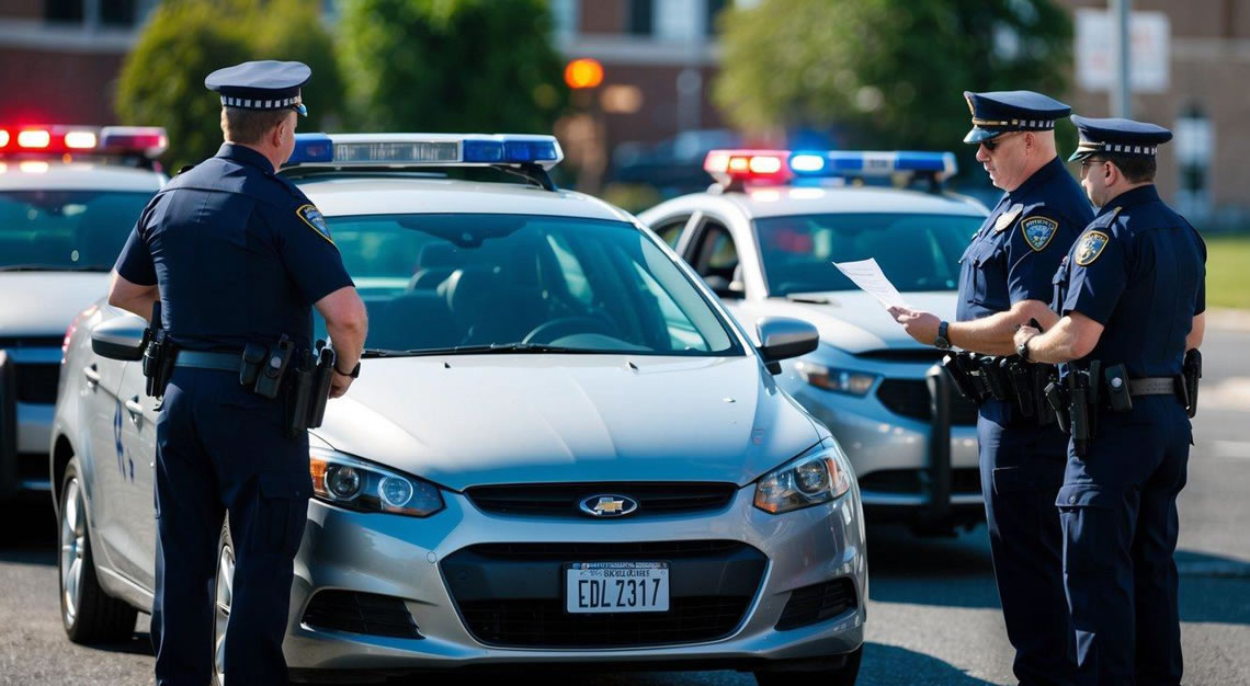 A car being impounded while police officers issue a citation