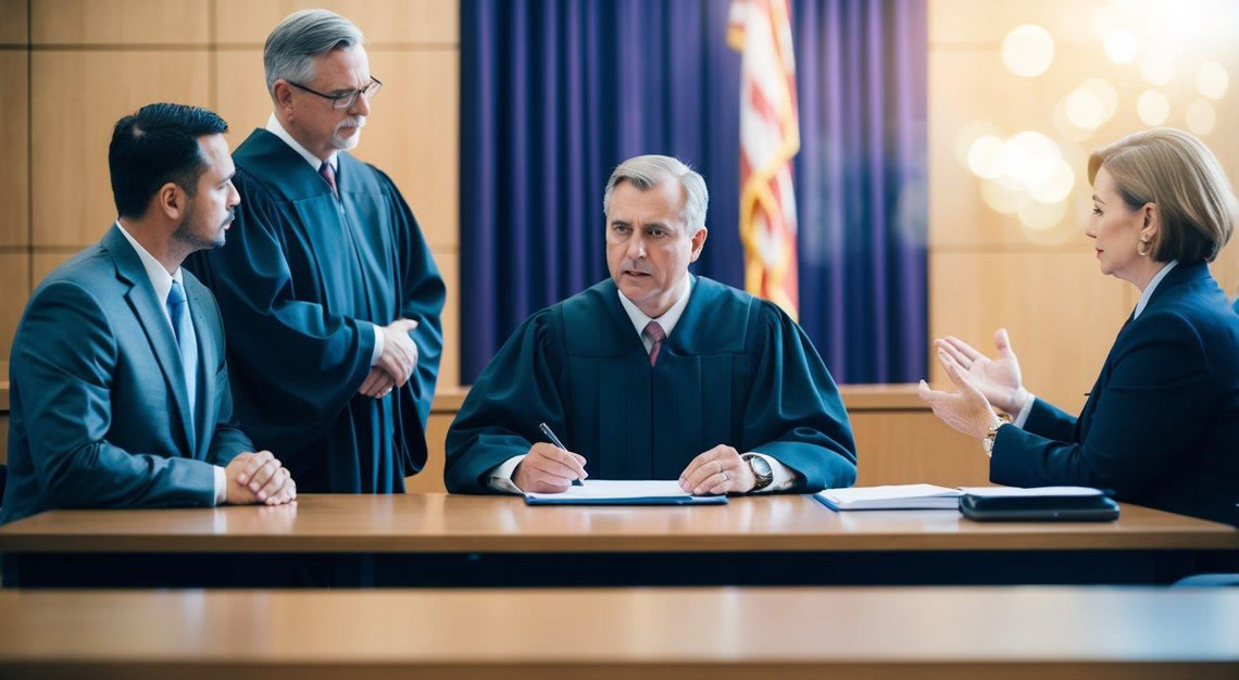 A courtroom scene with a judge, defendant, and attorney discussing a second DUI offense in Arizona